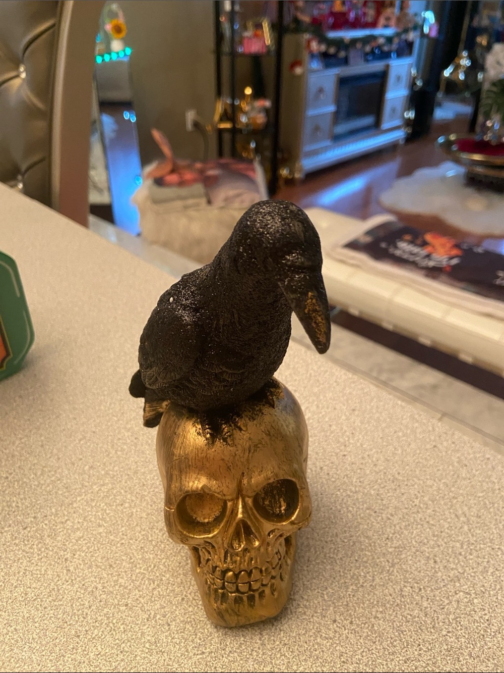 Decorative Black Raven on Gold Skull Accent Statue - Home Accents